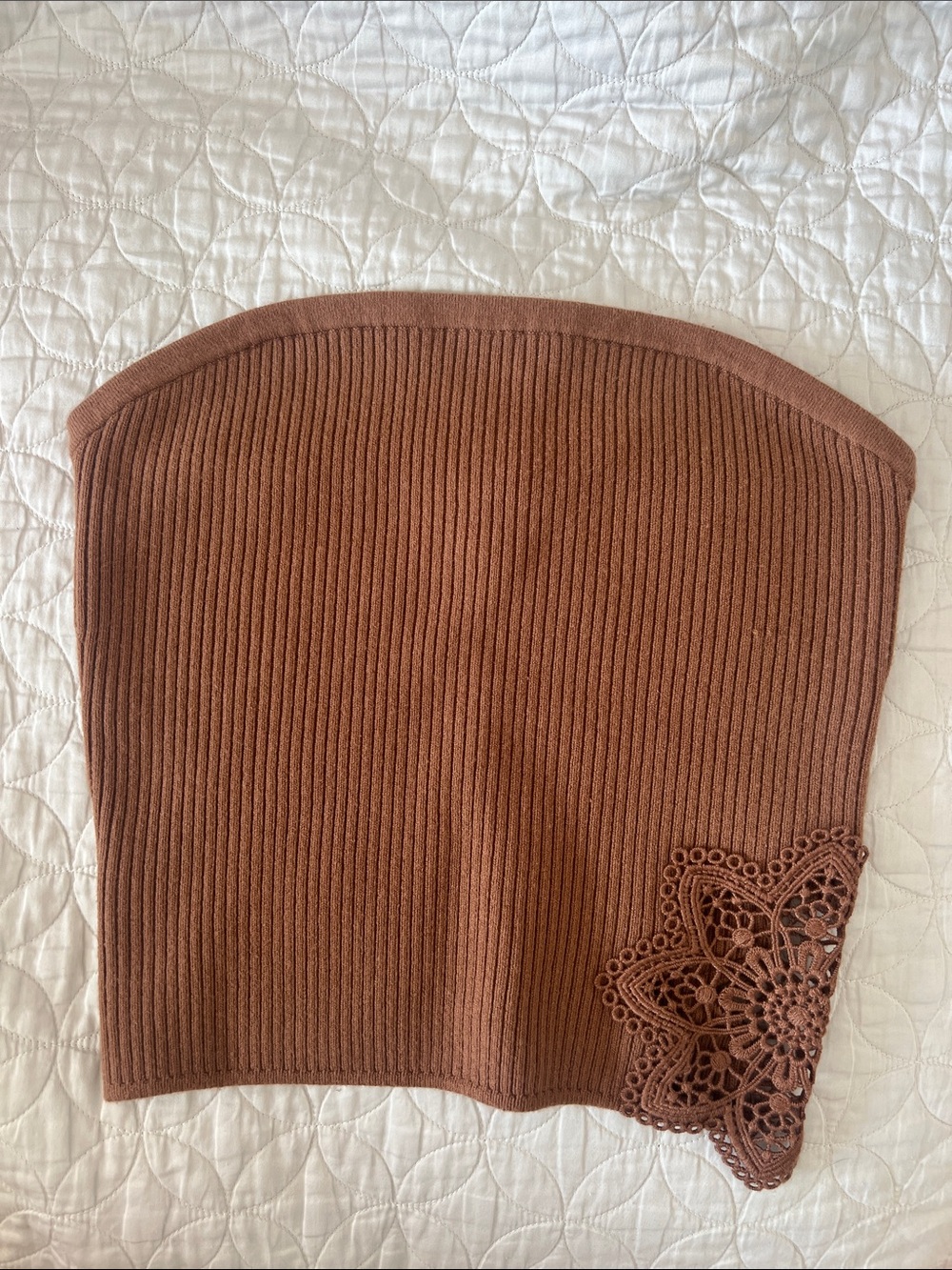 aerie Ribbed Strapless Tube Top in Brown with Crochet Detail